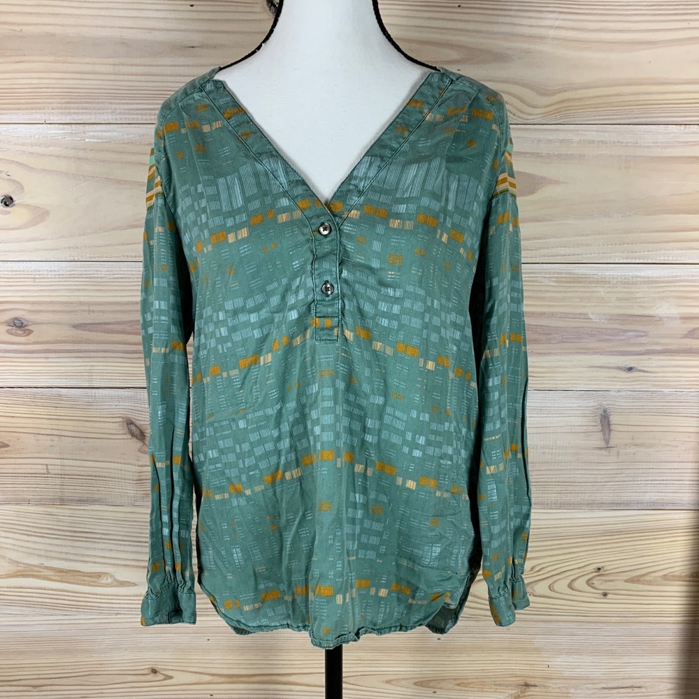 Prana Blouse Womens Small Green Boho Geometric Tencel Long Sleeve Henley Top